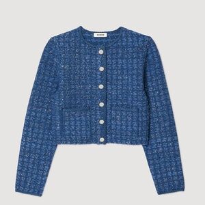 Sandro Cropped Blue Sequin Tweed Coatigan Jacket FR 3/ L